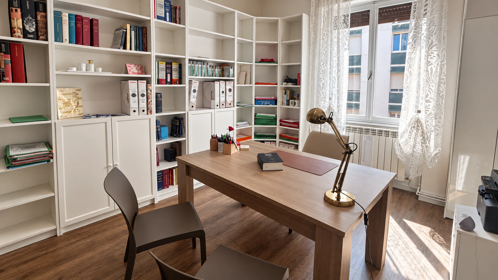 Attorney Francesca Fumarulo’s law office in Monza, with bookcase and desk